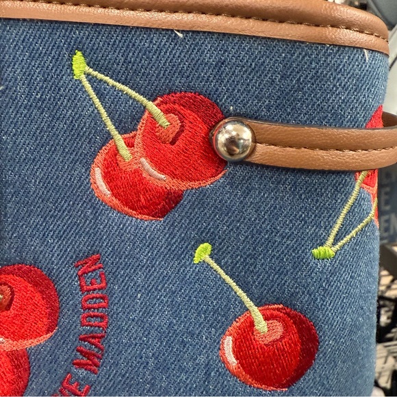 Steve Madden Stylish Cherry Embroidered Denim Tote Bag - Picture 4 of 4